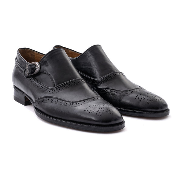 Leather Brogue Monk Strap - Black